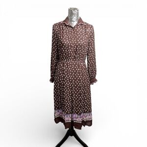 Vintage 70s Brown Retro Floral Midi Shirt Dress Medium Prairie Modest Cottage